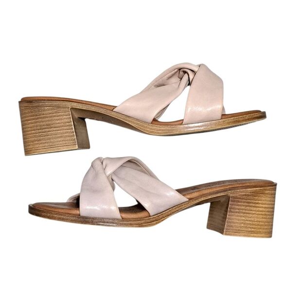 Mila Paoli Knotted Leather Slip On Open Toe Sandal Block Heel Size 9 Rose Pink - Picture 4 of 14